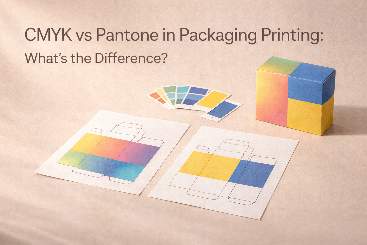 Print samples with color swatches showing CMYK process colors and Pantone spot colors.