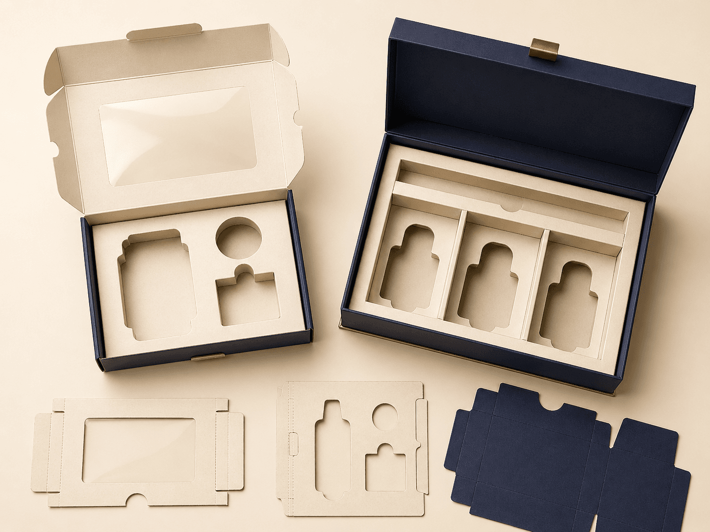 Custom packaging inserts, dividers, window cutouts and structural details for product fit