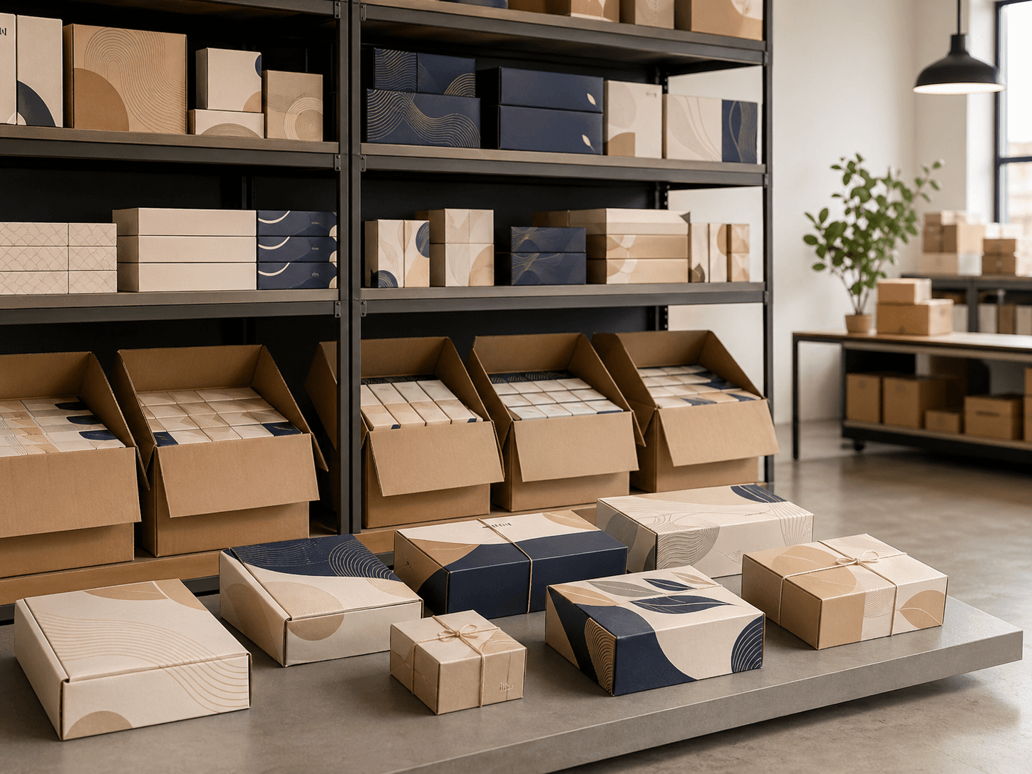 Organized branded packaging inventory and shipping boxes showing repeat order and storage support.