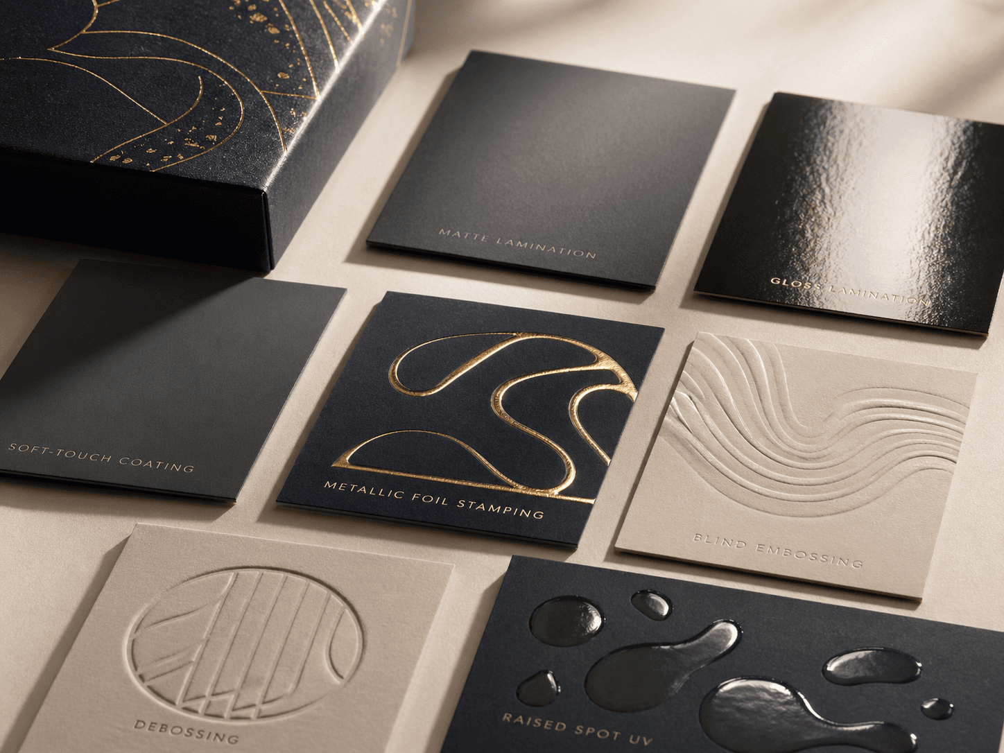 Premium packaging finish samples showing matte, gloss, foil, embossing and spot UV effects