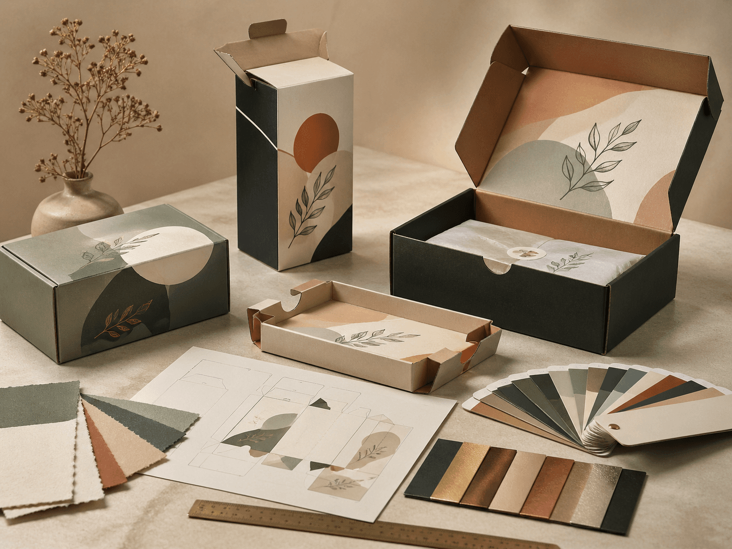 Printed packaging samples, board swatches and finish proofs arranged for sample review before production.